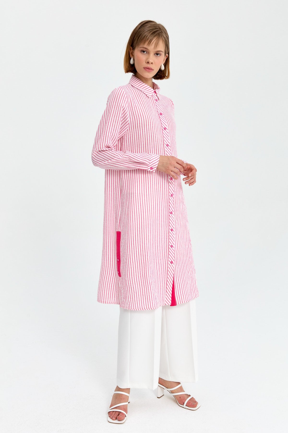 Gömlek Yaka Çizigli Tunik - Pembe