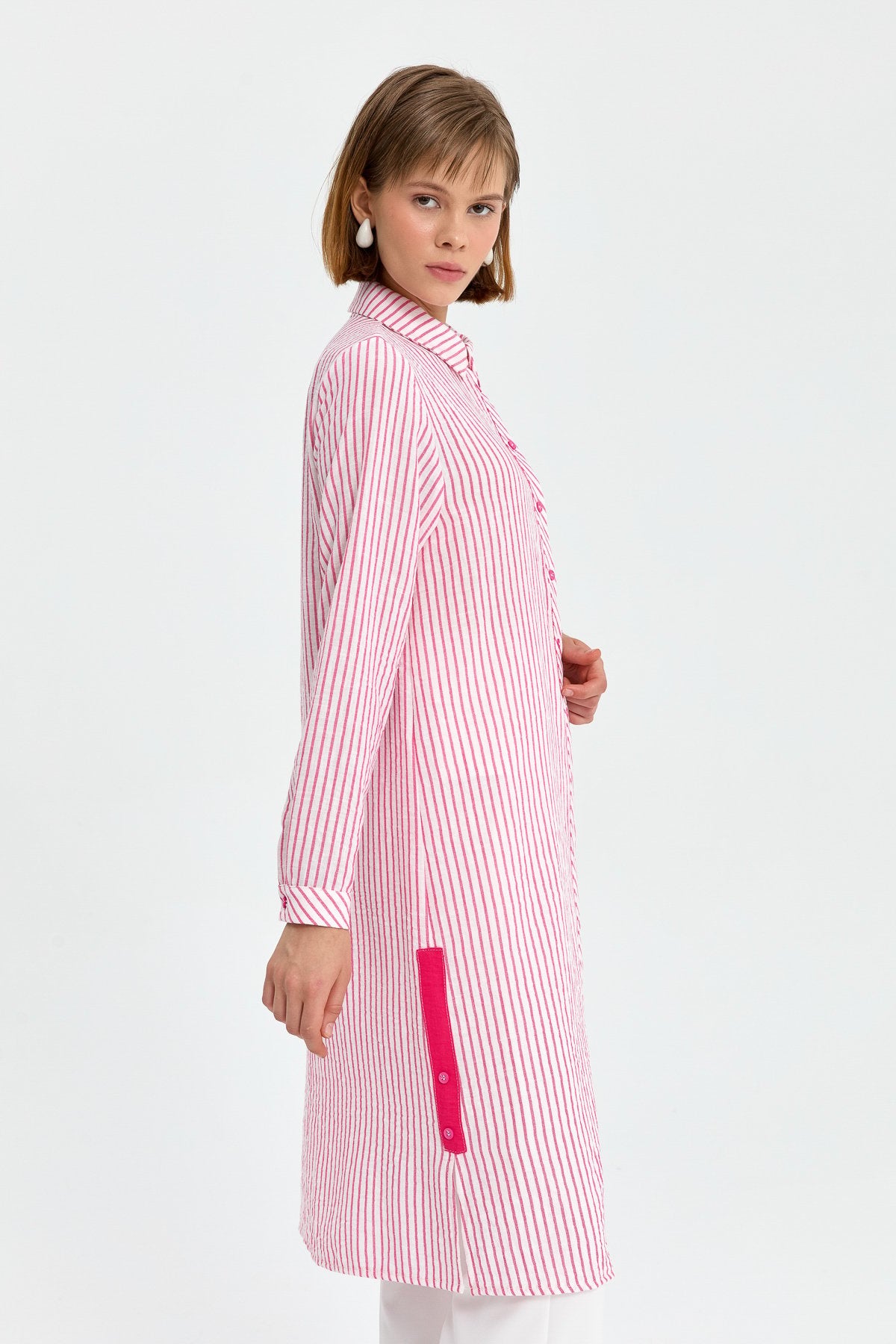 Gömlek Yaka Çizigli Tunik - Pembe