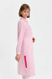 Gömlek Yaka Çizigli Tunik - Pembe