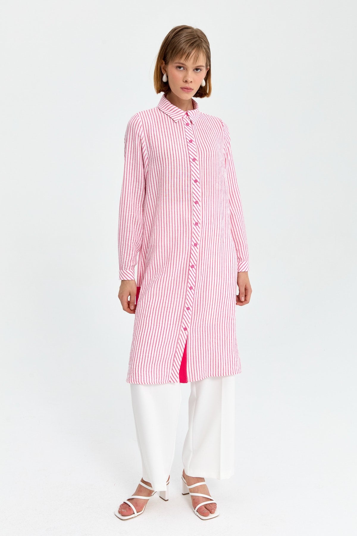 Gömlek Yaka Çizigli Tunik - Pembe