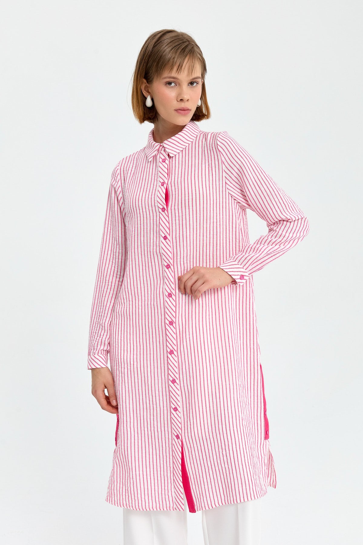 Gömlek Yaka Çizigli Tunik - Pembe