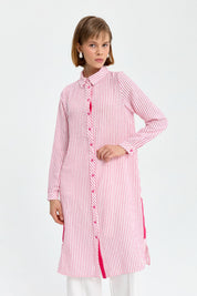 Gömlek Yaka Çizigli Tunik - Pembe