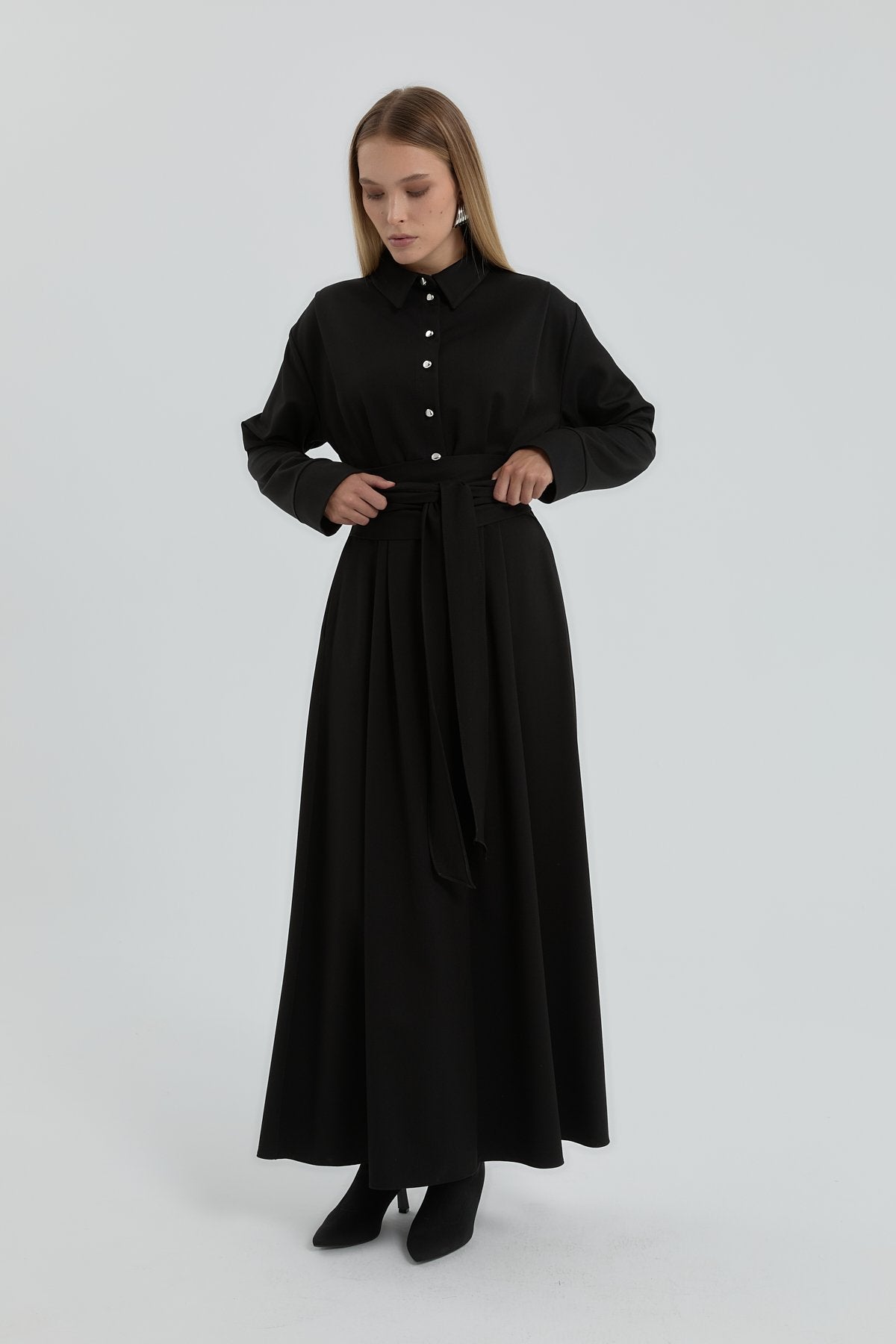 Shirt Collar Dress - Black