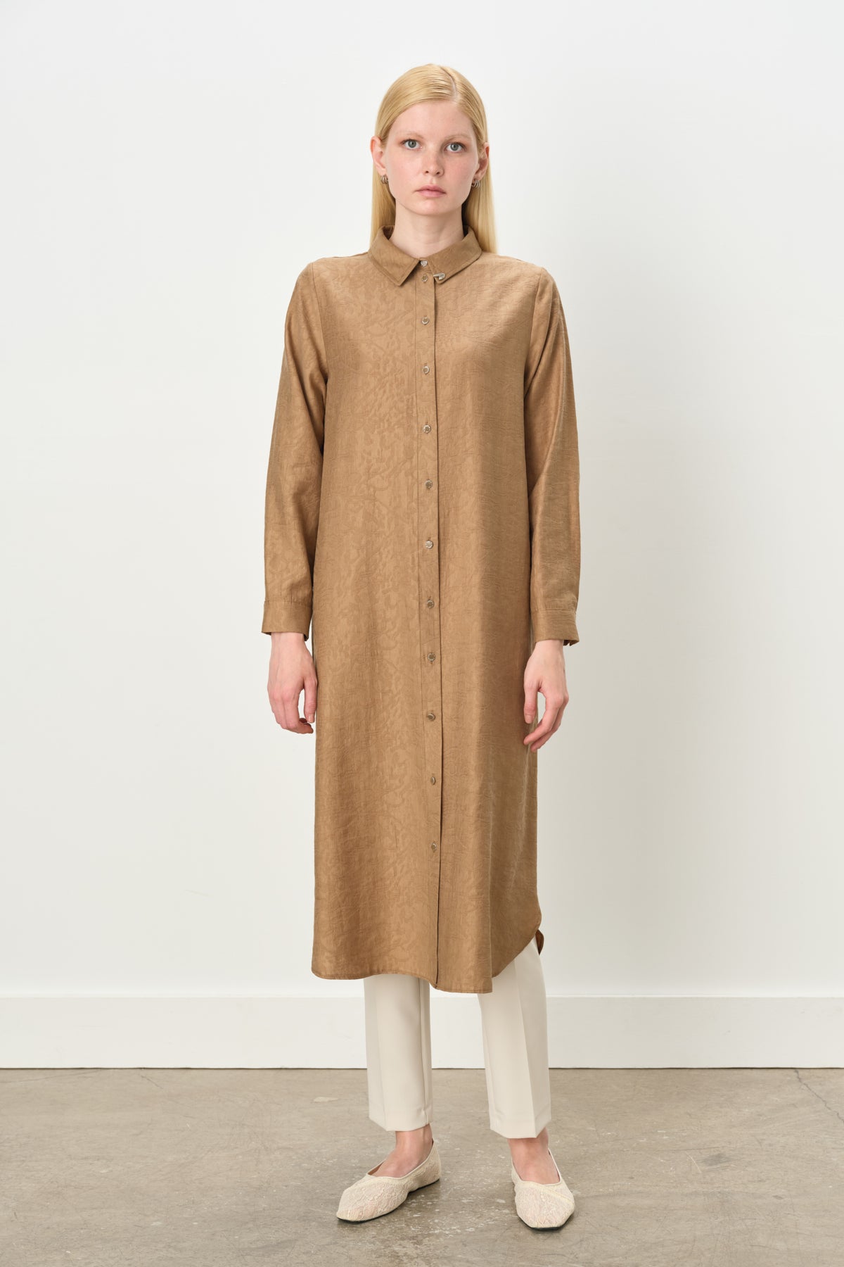 Gömlek Yaka Jakar Tencel Karışım Tunik - Camel