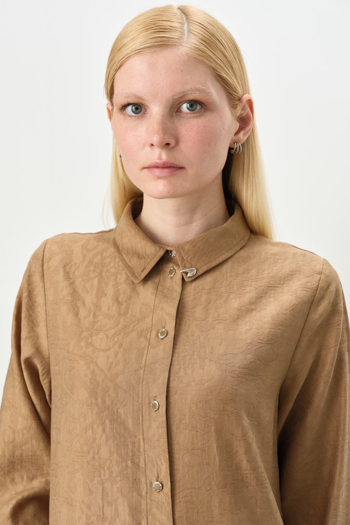 Gömlek Yaka Jakar Tencel Karışım Tunik - Camel