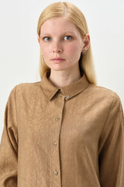 Gömlek Yaka Jakar Tencel Karışım Tunik - Camel