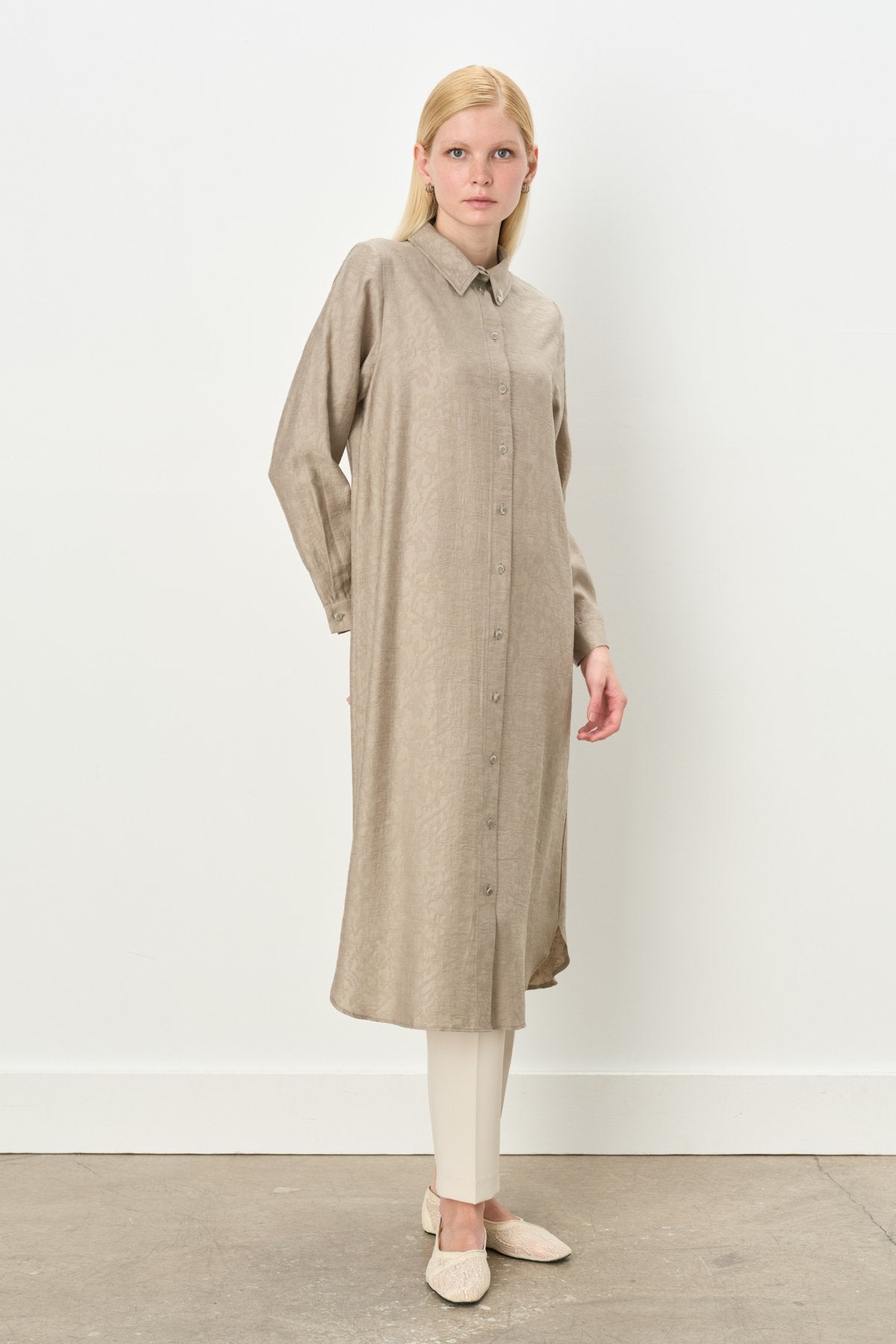 Shirt Collar Jacquard Tencel Blend Tunic - Stone
