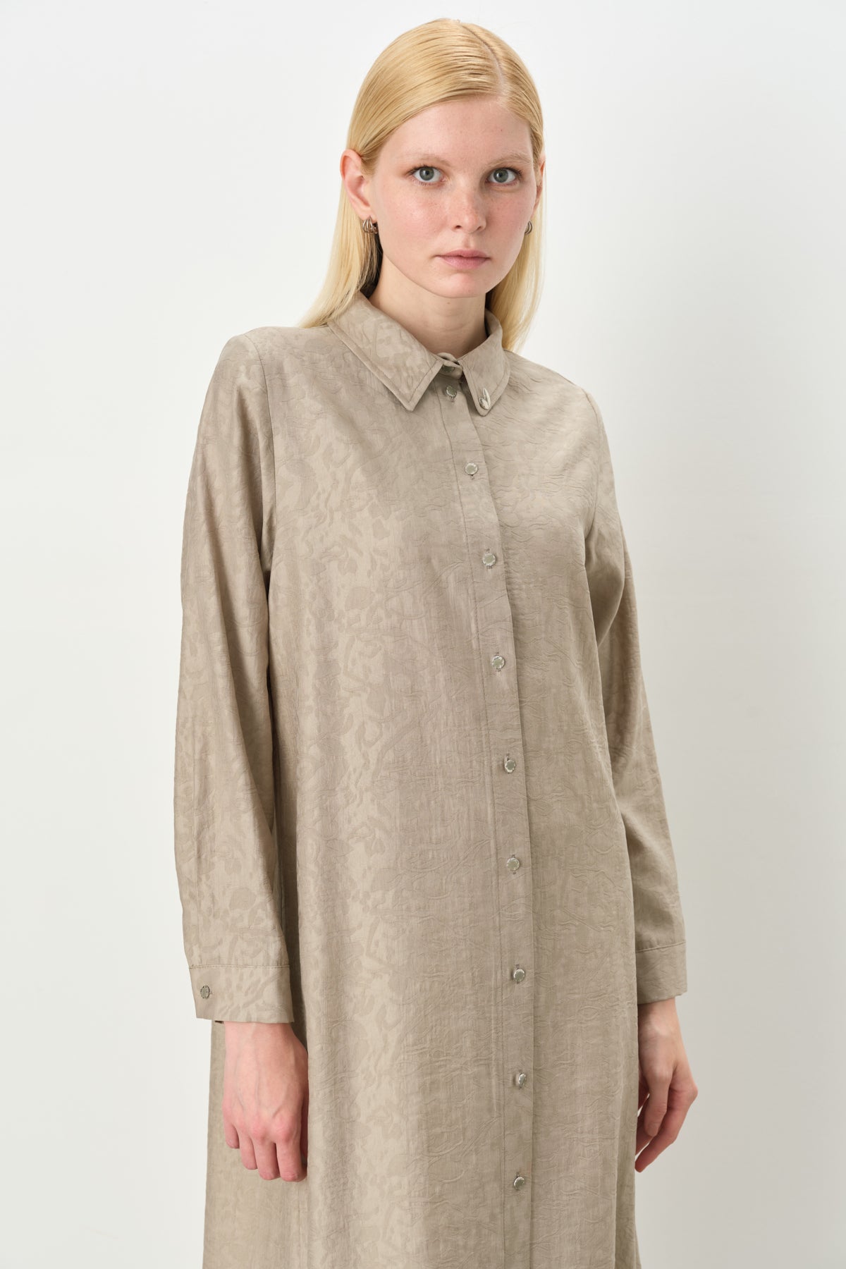 Shirt Collar Jacquard Tencel Blend Tunic - Stone