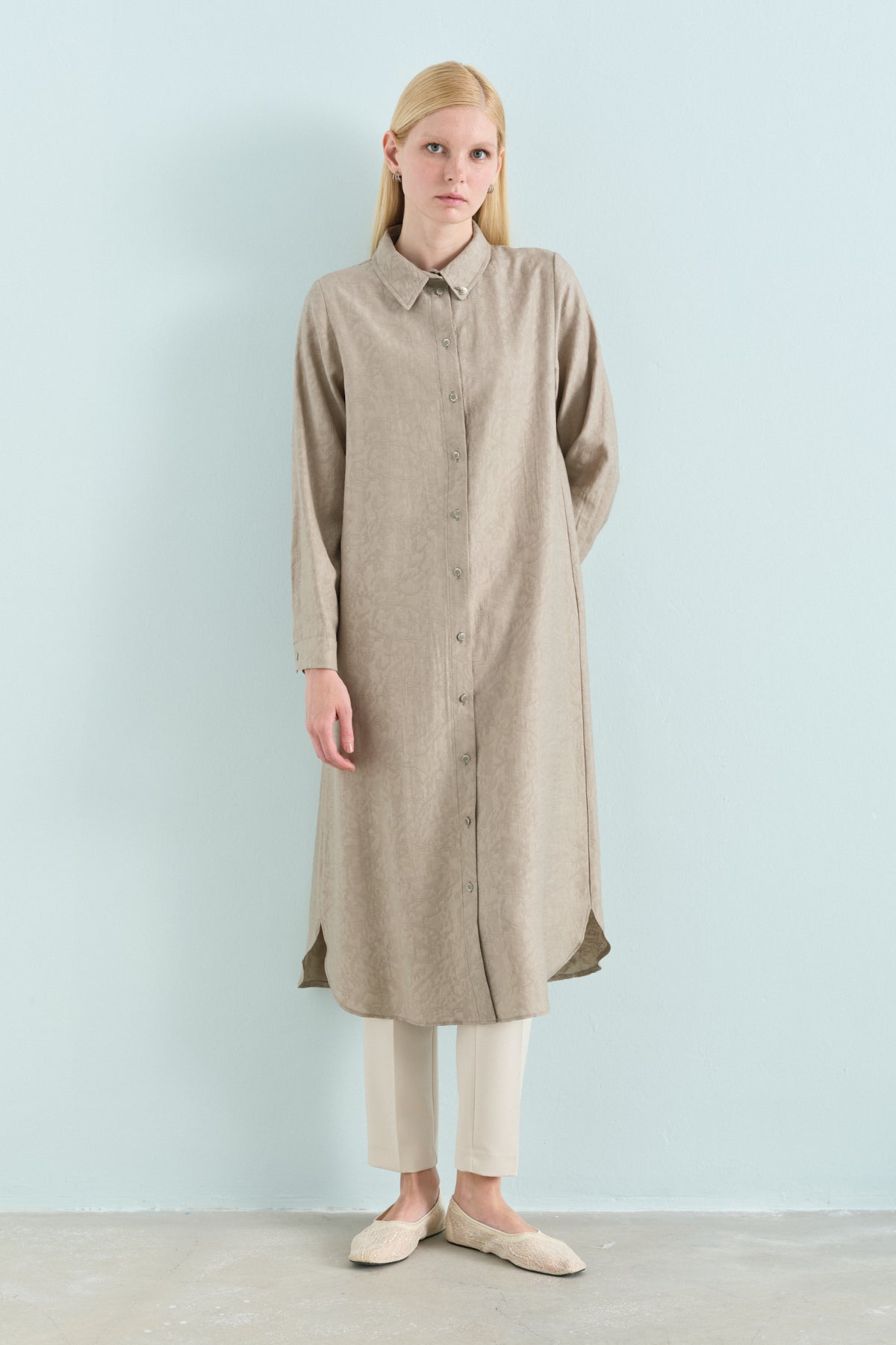 Shirt Collar Jacquard Tencel Blend Tunic - Stone