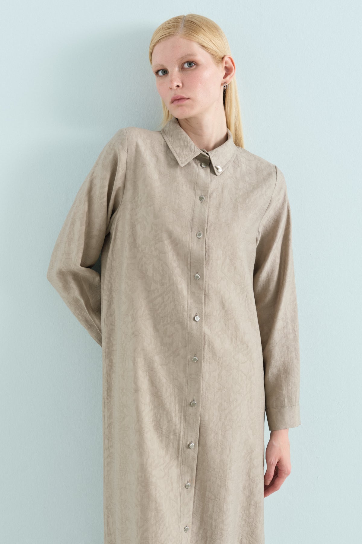 Shirt Collar Jacquard Tencel Blend Tunic - Stone