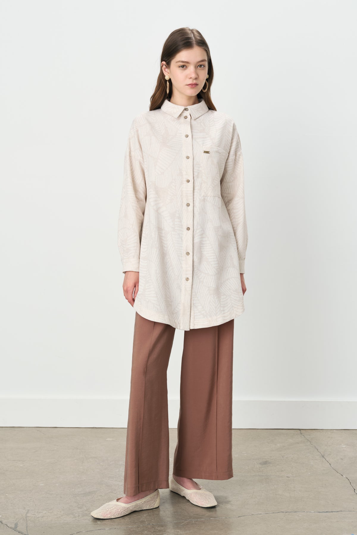 Shirt Collar Linen Tunic - Beige