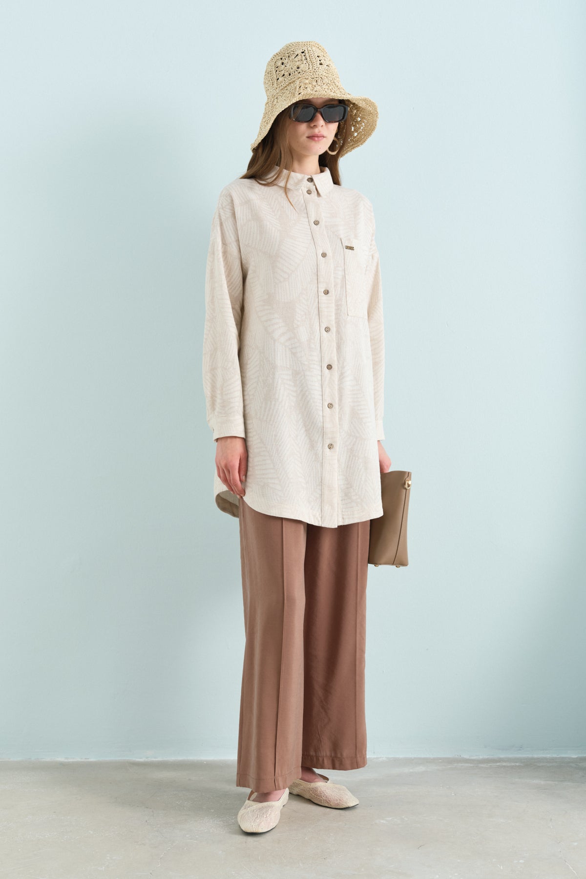 Shirt Collar Linen Tunic - Beige