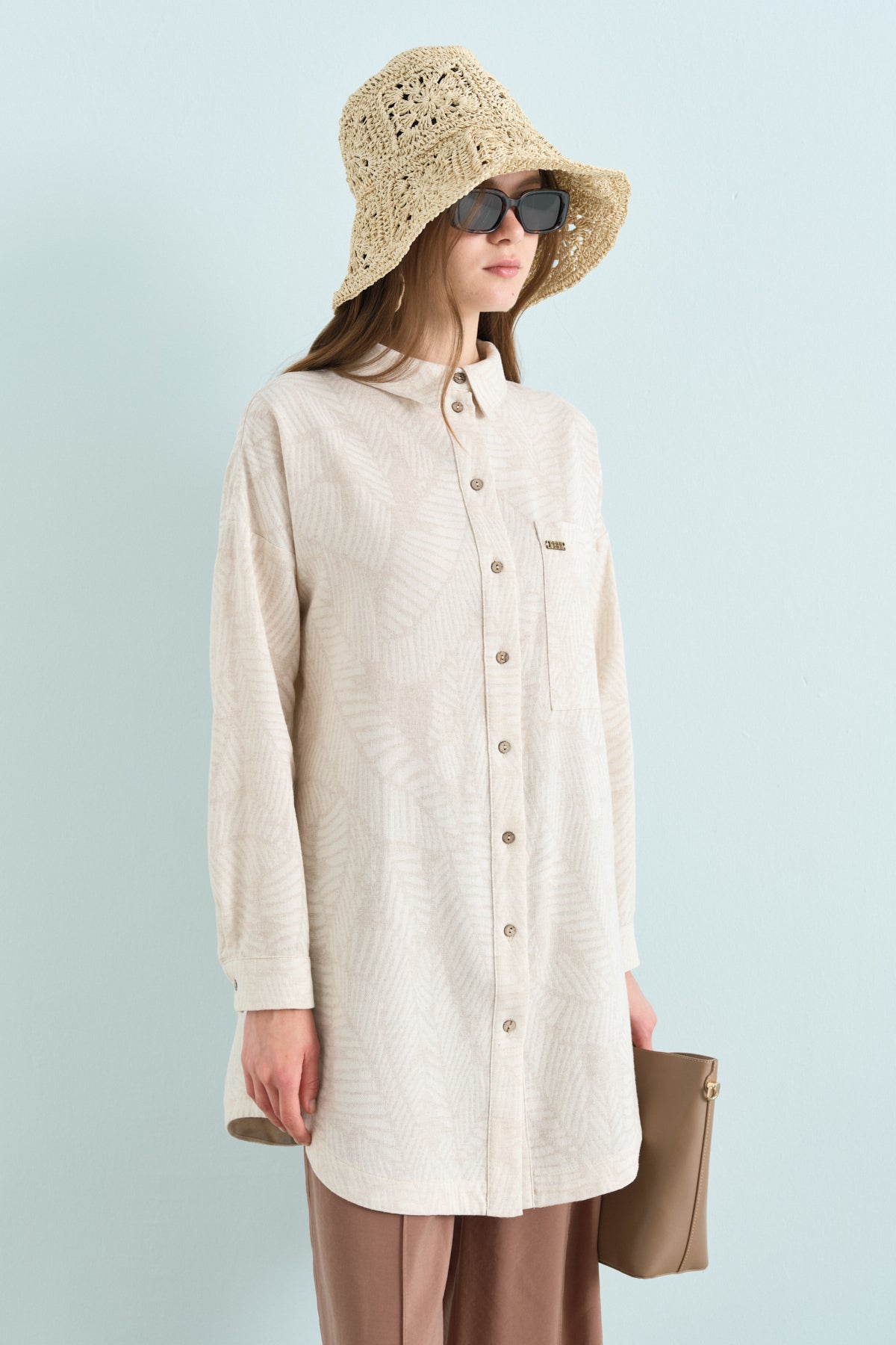 Shirt Collar Linen Tunic - Beige