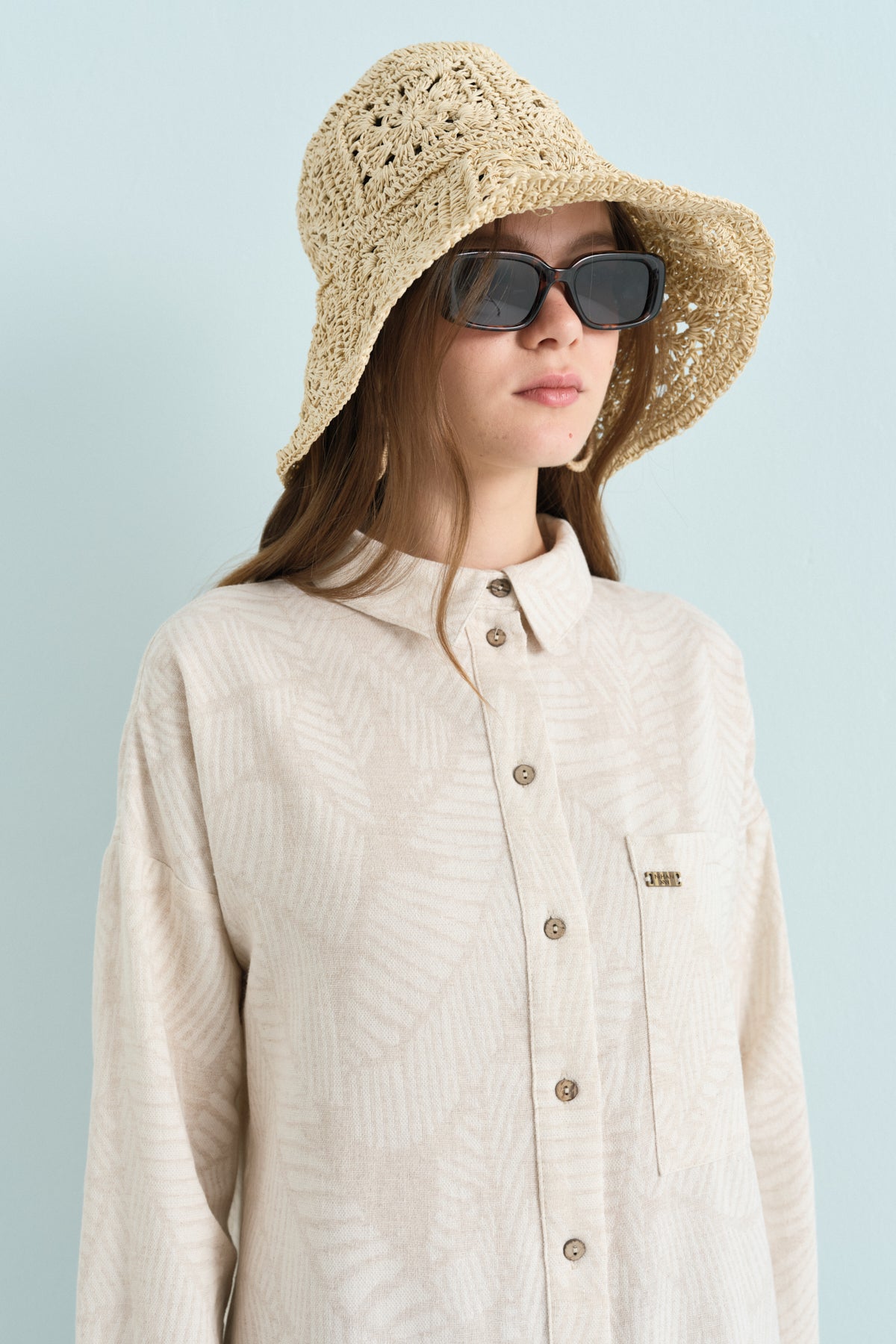 Shirt Collar Linen Tunic - Beige