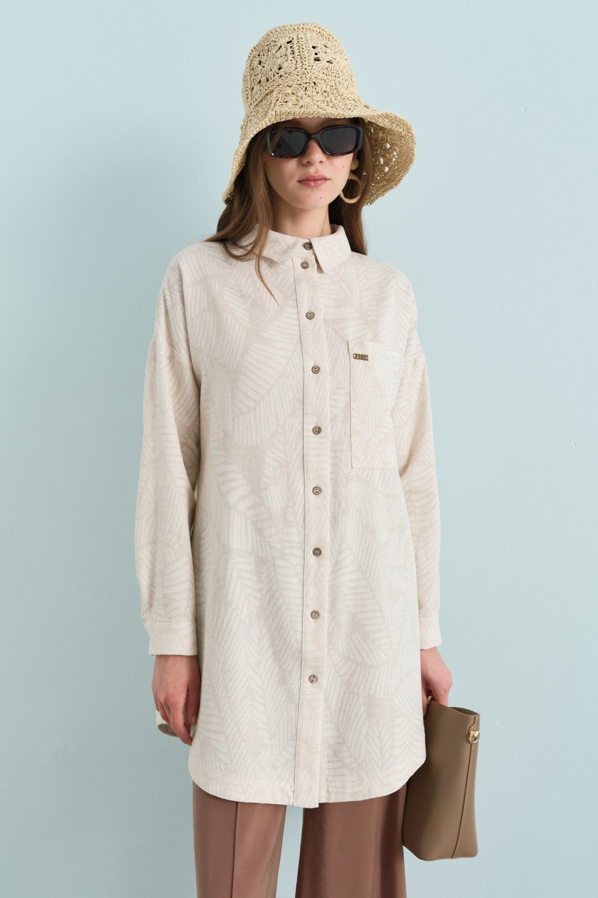 Shirt Collar Linen Tunic - Beige