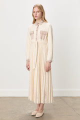 Shirt Collar Belted Lace Dress - Ecru
