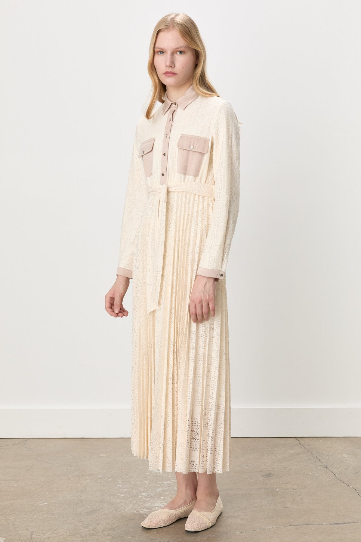 Shirt Collar Belted Lace Dress - Ecru