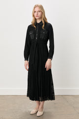 Shirt Collar Belted Lace Dress - Black