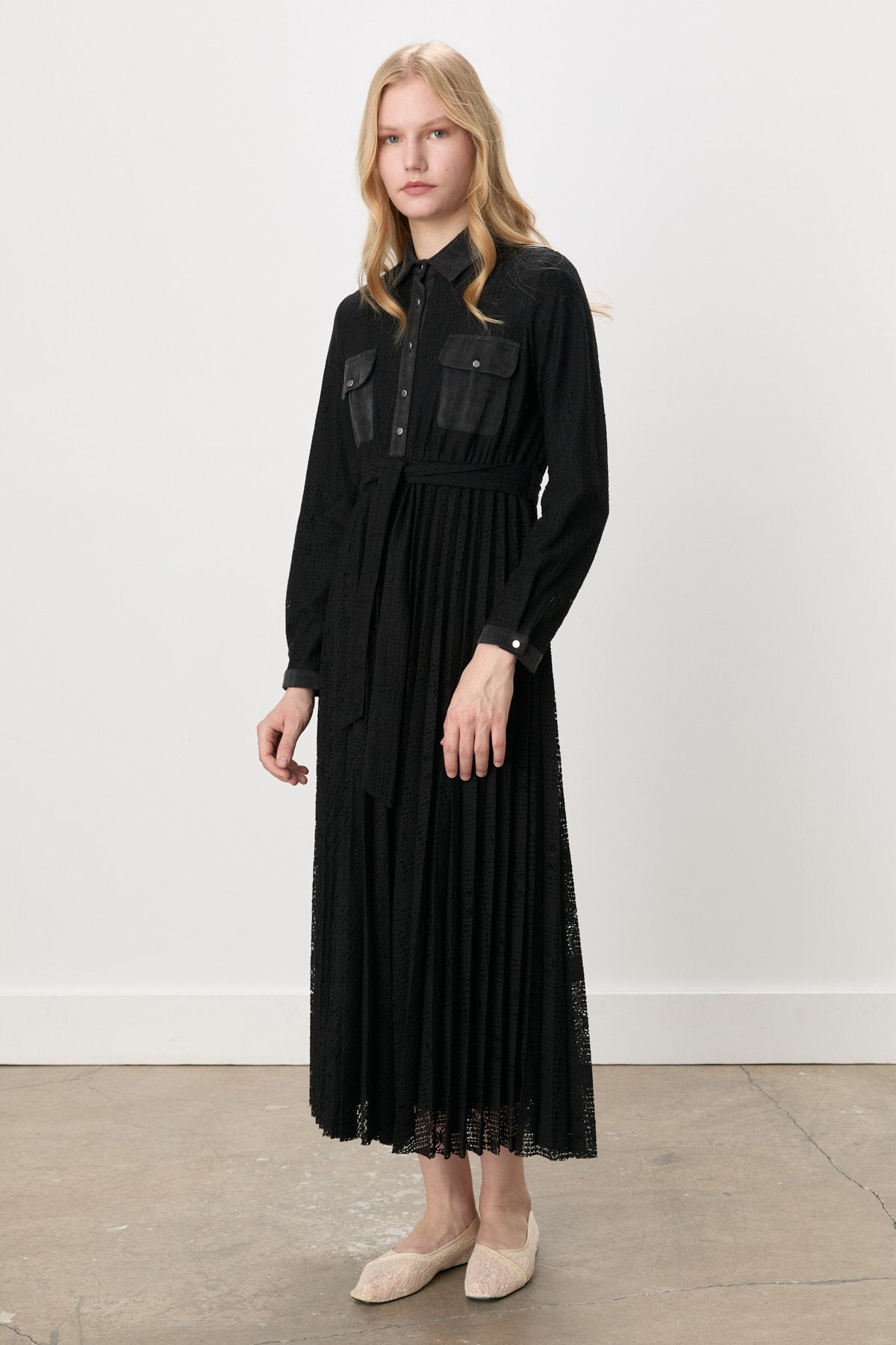 Shirt Collar Belted Lace Dress - Black
