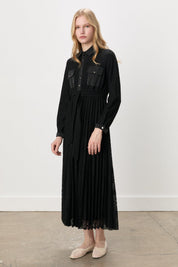 Shirt Collar Belted Lace Dress - Black