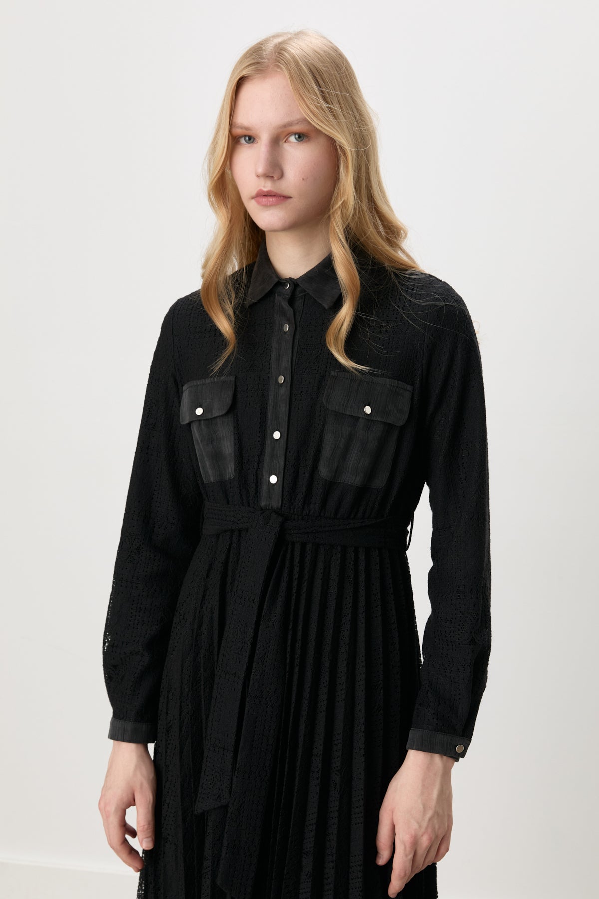 Shirt Collar Belted Lace Dress - Black