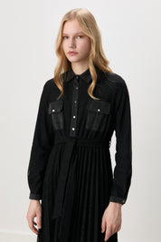 Shirt Collar Belted Lace Dress - Black