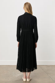 Shirt Collar Belted Lace Dress - Black