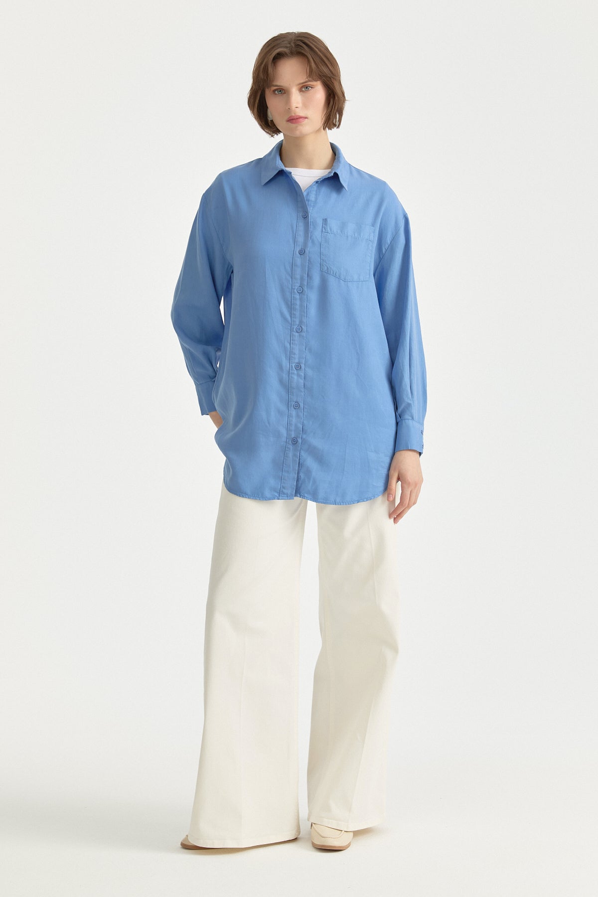 Gömlek Yaka Lyocell Basic Tunik - İndigo