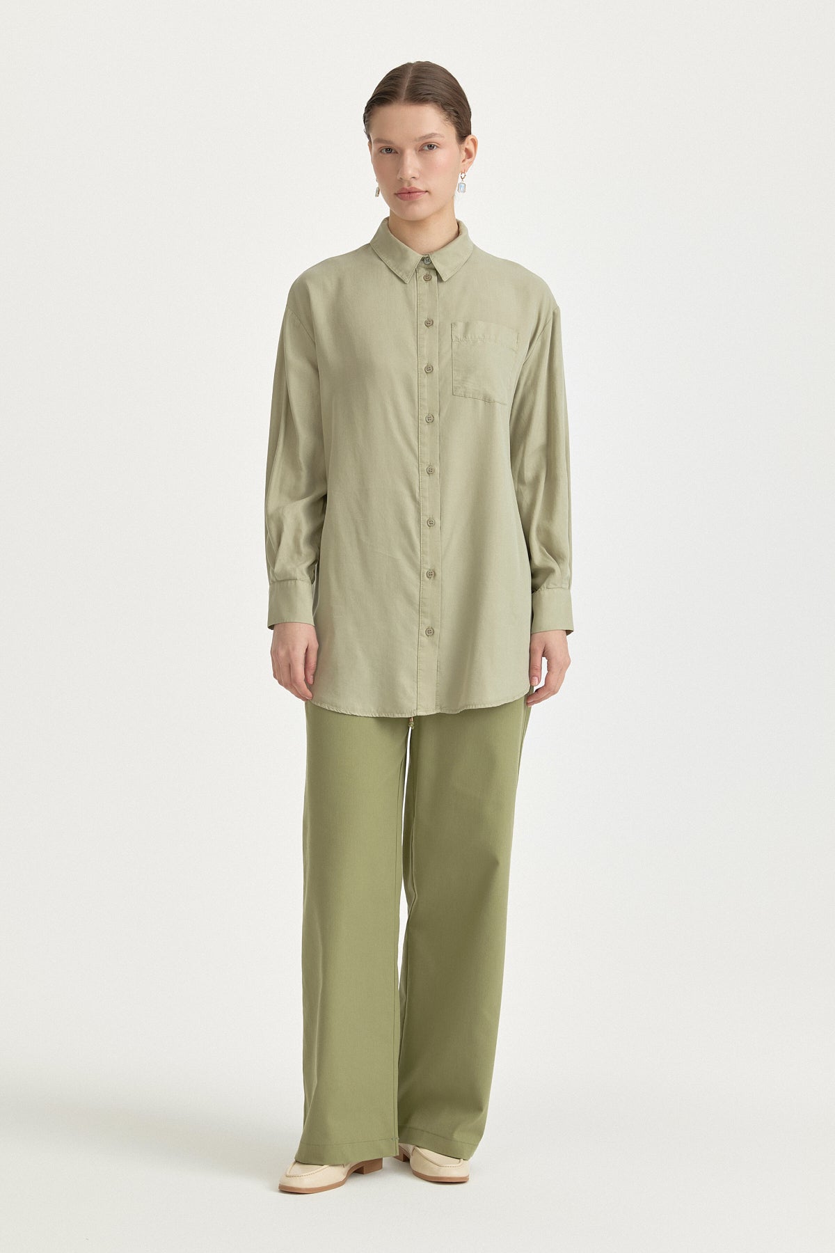 Gömlek Yaka Lyocell Basic Tunik - Haki