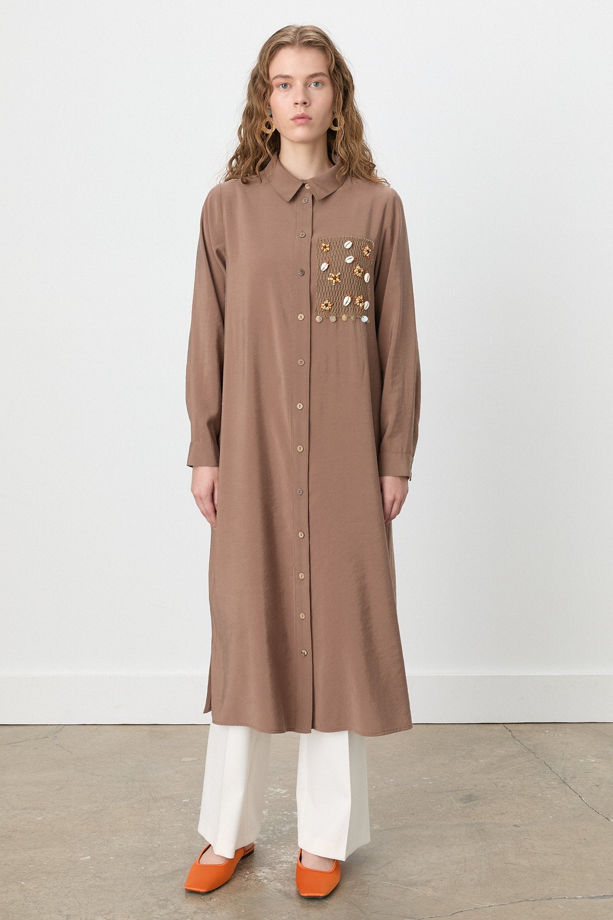 Shirt Collar Macrame Modal Tunic - Light Brown
