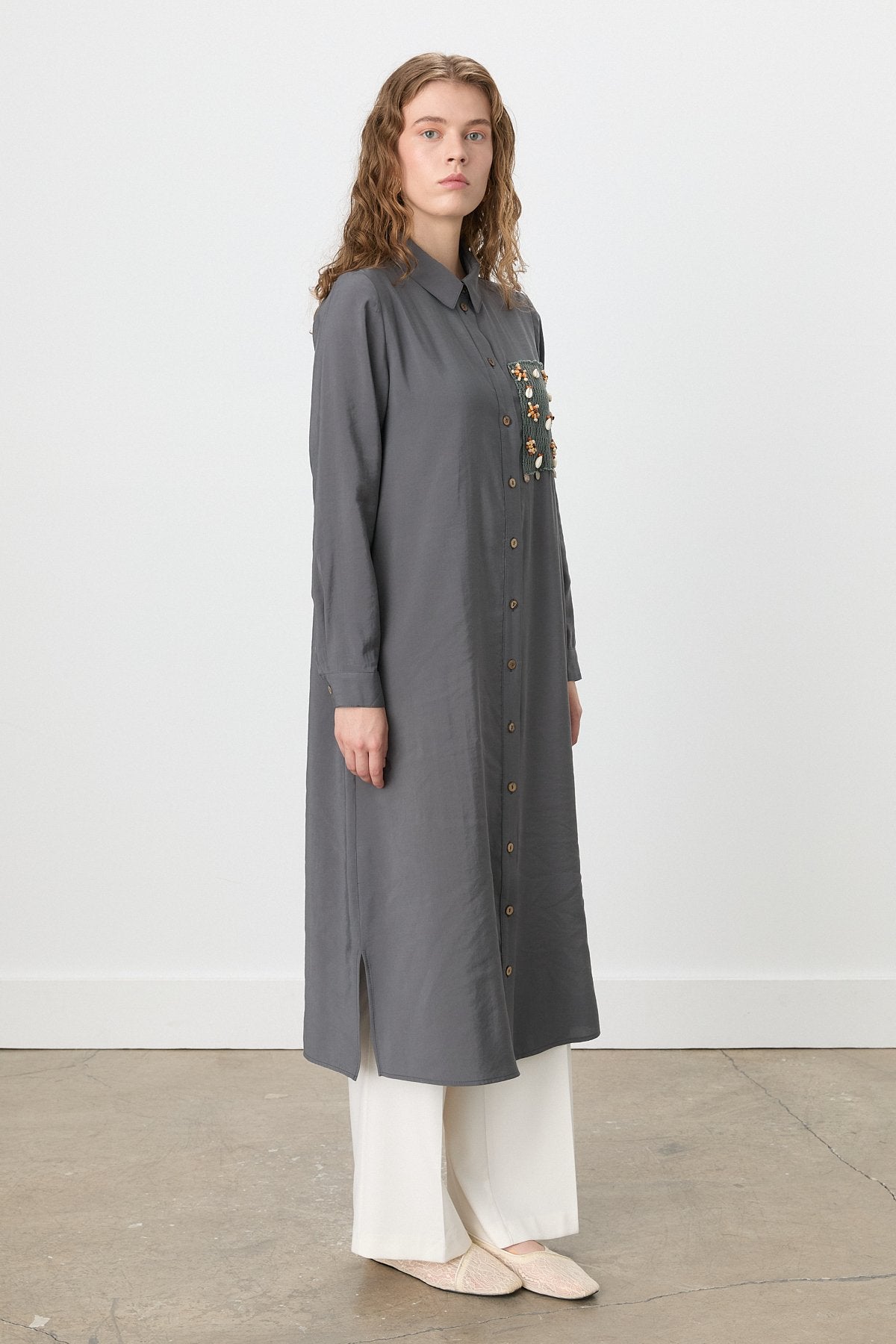 Shirt Collar Macrame Modal Tunic - Dark Gray