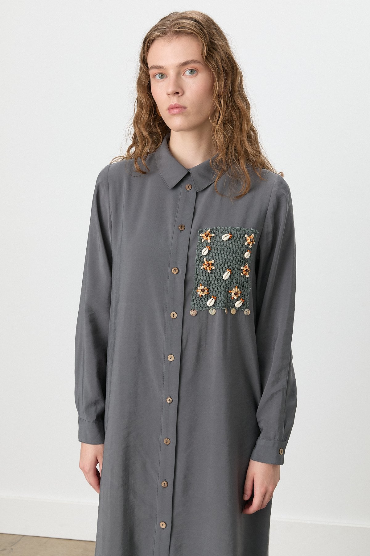 Shirt Collar Macrame Modal Tunic - Dark Gray
