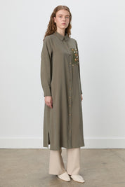 Shirt Collar Macrame Modal Tunic - Khaki