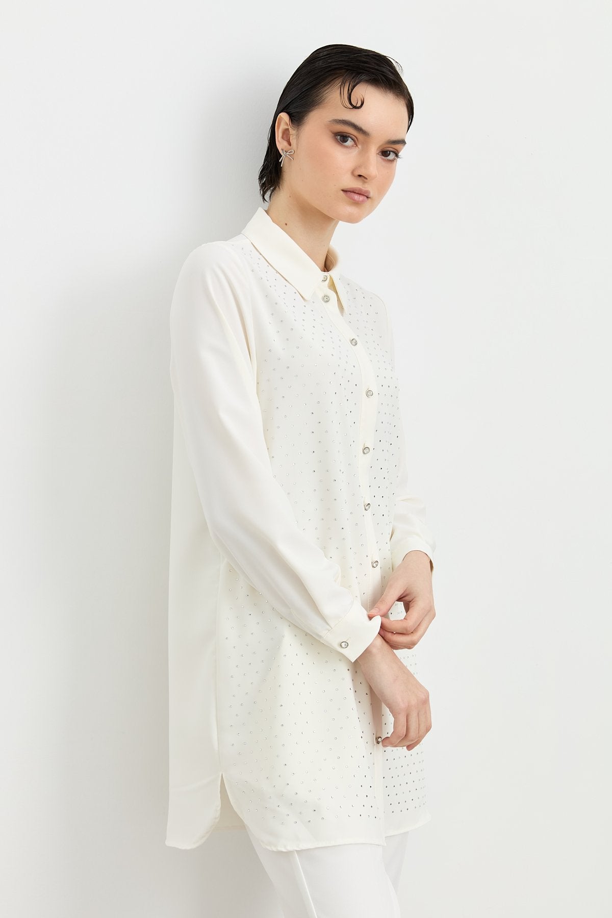 Shirt Collar Embellished Elegant Tunic - Ecru