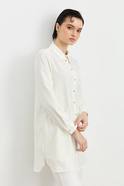 Shirt Collar Embellished Elegant Tunic - Ecru