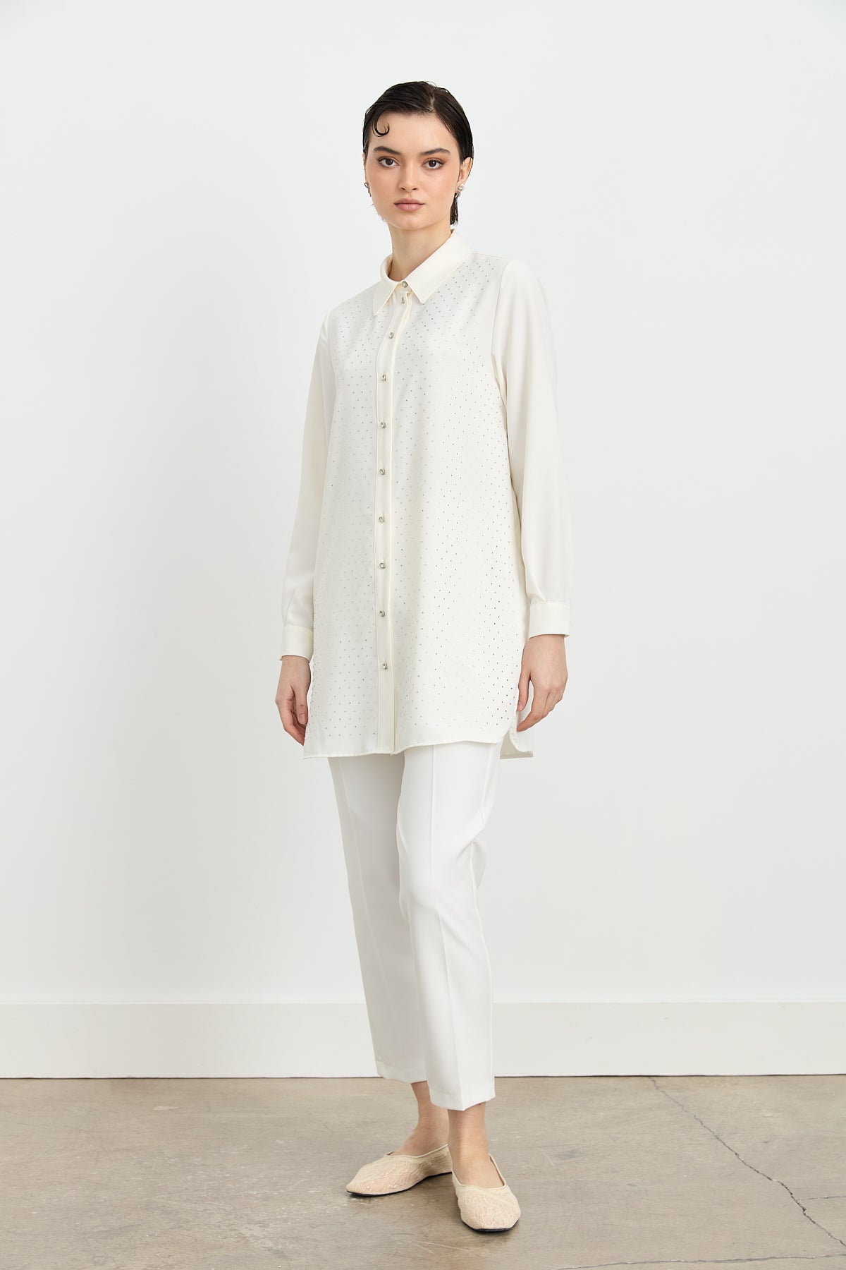 Shirt Collar Embellished Elegant Tunic - Ecru