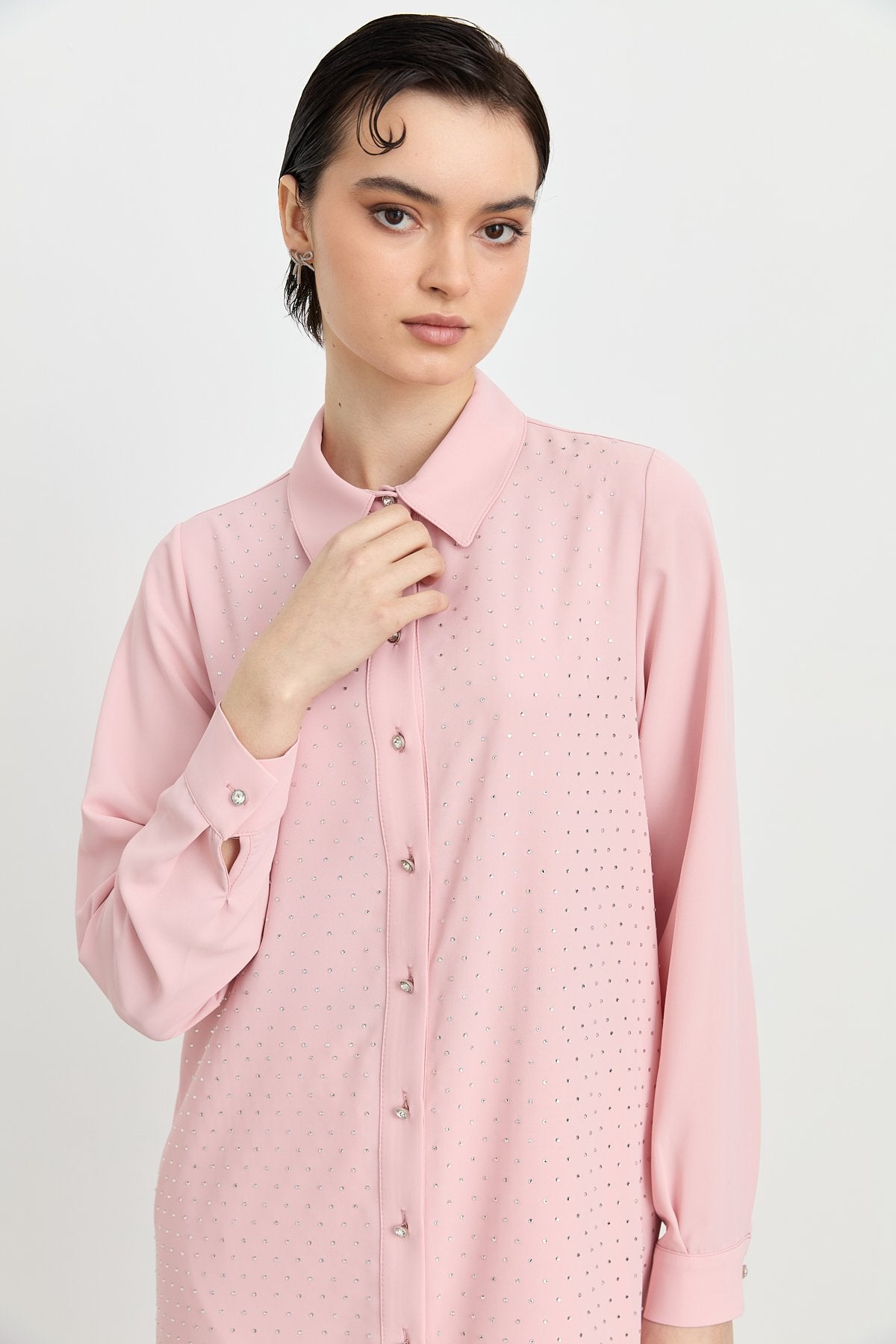 Shirt Collar Embellished Elegant Tunic - Powder Pink