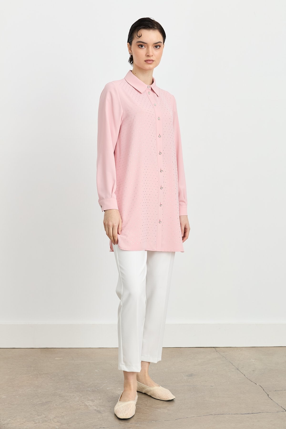 Shirt Collar Embellished Elegant Tunic - Powder Pink