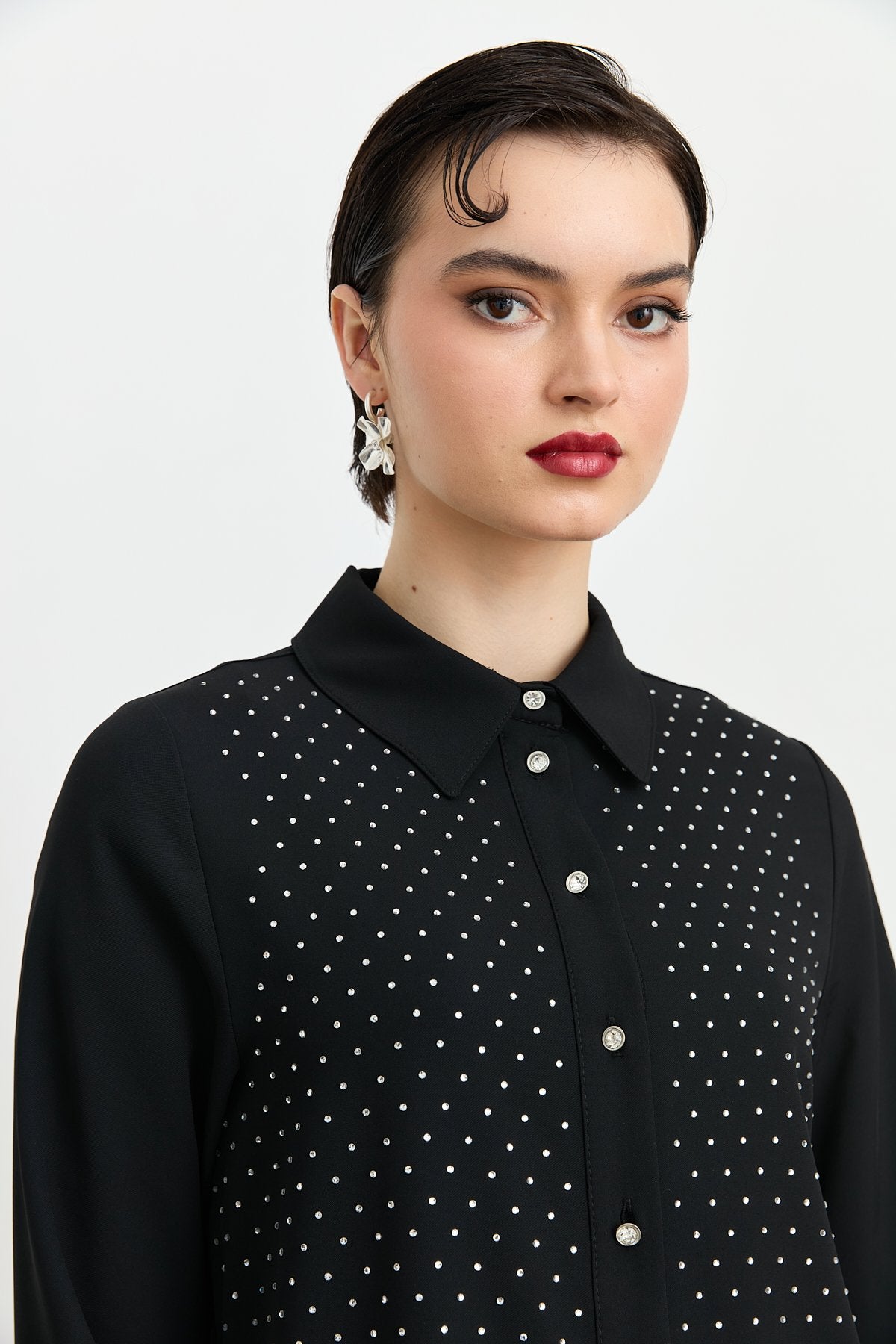Shirt Collar Embellished Elegant Tunic - Black