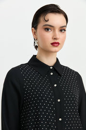 Shirt Collar Embellished Elegant Tunic - Black