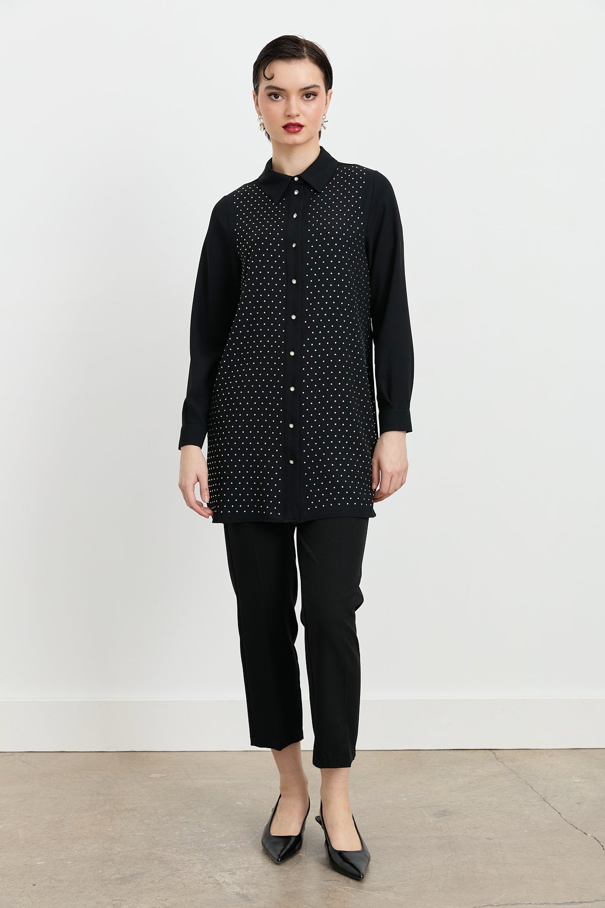 Shirt Collar Embellished Elegant Tunic - Black