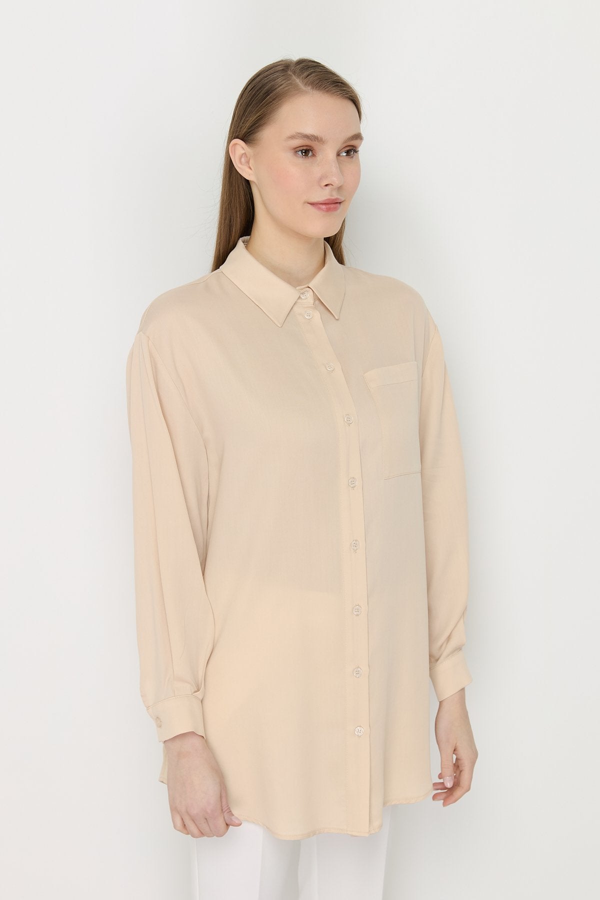 Gömlek Yaka Tencel Basic Tencel Karışım Tunik - Bej