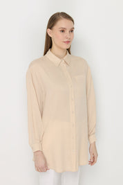 Gömlek Yaka Tencel Basic Tencel Karışım Tunik - Bej