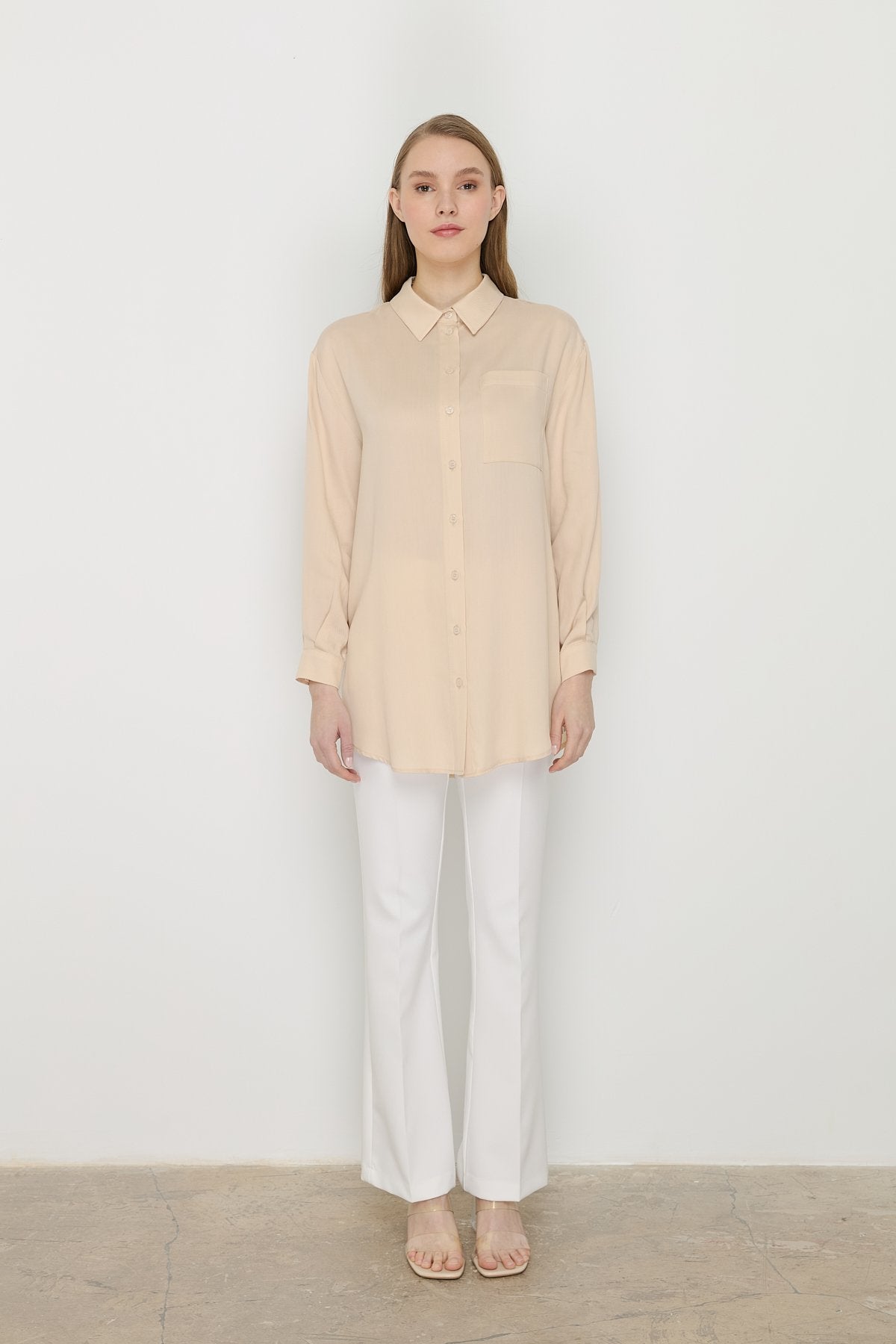 Gömlek Yaka Tencel Basic Tencel Karışım Tunik - Bej