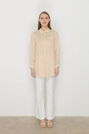 Gömlek Yaka Tencel Basic Tencel Karışım Tunik - Bej