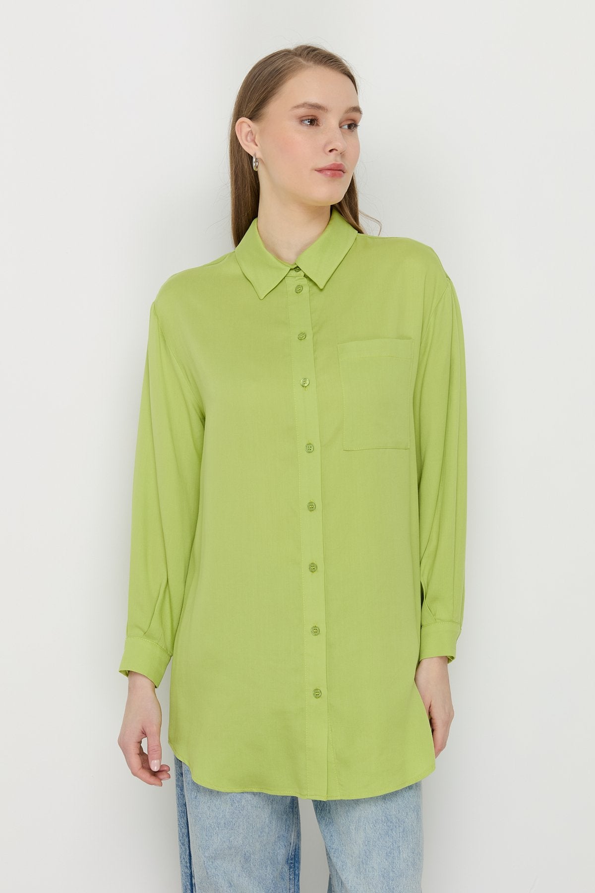Gömlek Yaka Tencel Basic Tencel Karışım Tunik - Fıstık Yeşili