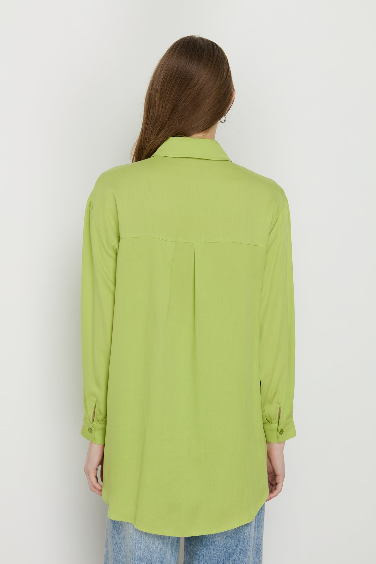 Gömlek Yaka Tencel Basic Tencel Karışım Tunik - Fıstık Yeşili