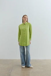 Gömlek Yaka Tencel Basic Tencel Karışım Tunik - Fıstık Yeşili