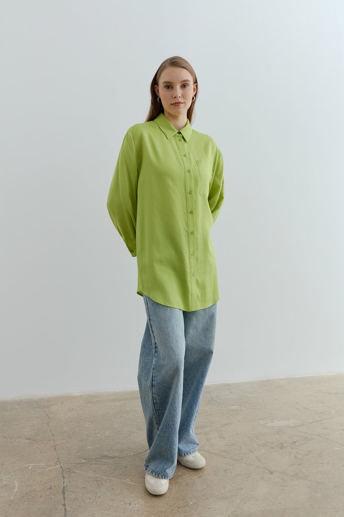 Gömlek Yaka Tencel Basic Tencel Karışım Tunik - Fıstık Yeşili