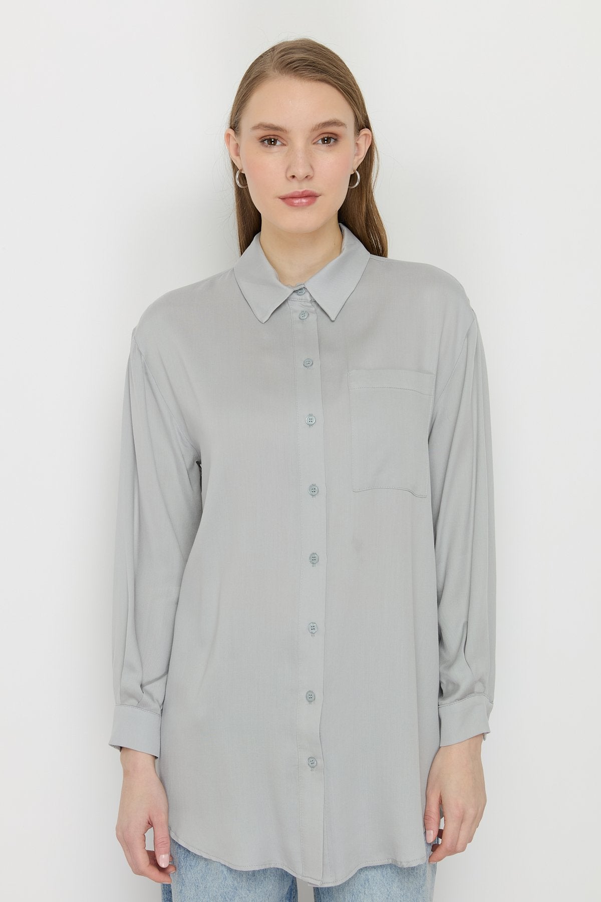 Gömlek Yaka Tencel Basic Tencel Karışım Tunik - Gri